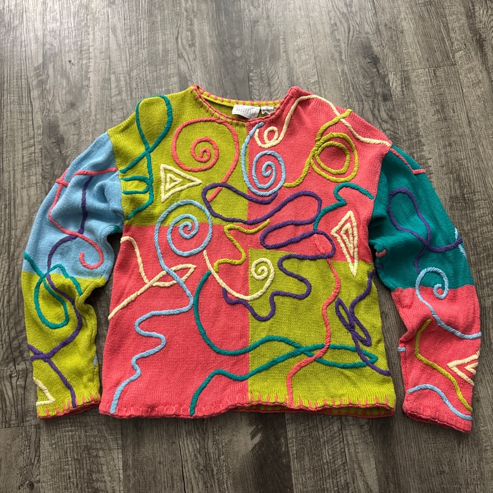 Vintage Passports Pier 1 Imports Funky Pattern Multicolor Sweater - Picture 1 of 4